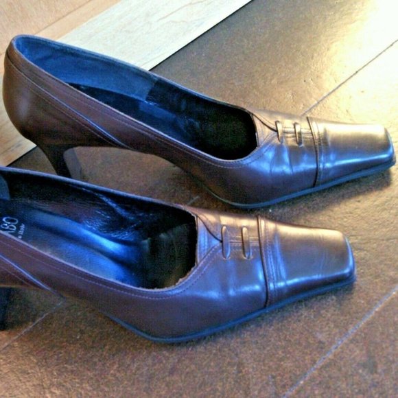 Pegabo Brown Italian Leather Slip On Side 6.5 Pump Heel Square Toe Designer Shoe - Picture 2 of 16